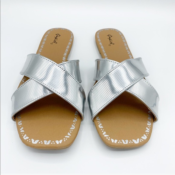 Silver Metallic Criss Cross X Slide Sandals Flat Slip On Summer Shoes - Picture 2 of 8